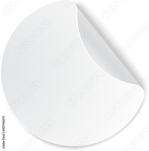 Round white blank sticker with folded corner lifting up, creating a three dimensional effect, ideal for showcasing designs or messages