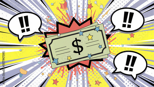 Playful paycheck flying in the sky with balloons and a cape, cheerful and adventurous cartoon style