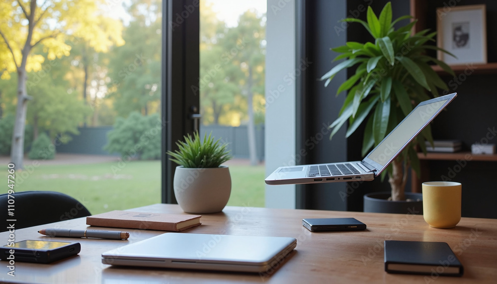 Fototapeta premium Floating laptop above a modern wooden desk with plants and an outdoor view