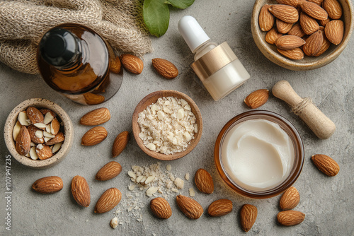 Almond-based skincare products arranged with whole and cracked almonds. photo