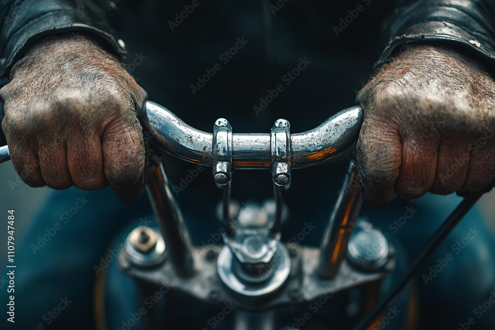 Obraz premium Close-up of weathered hands of older biker gripping motorcycle handlebars.