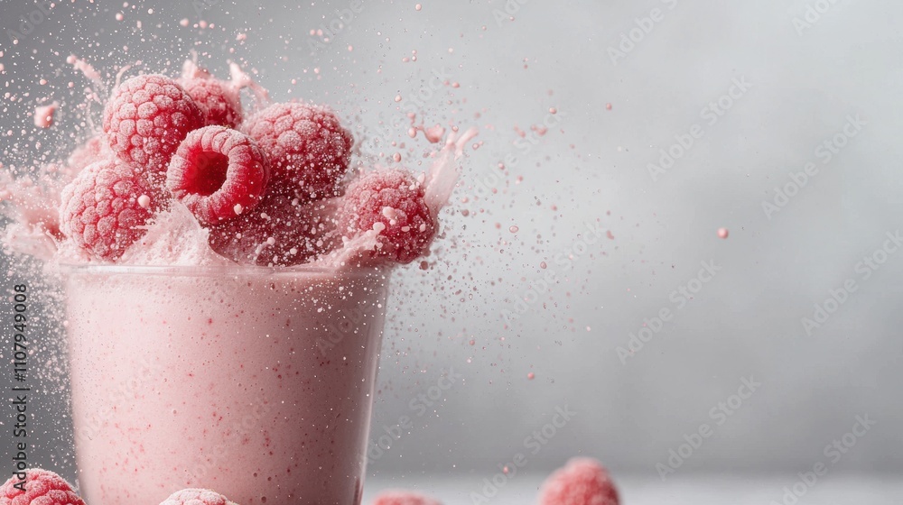 Fototapeta premium Close-up of a glass of raspberry smoothie. the glass is filled with a pinkish-red smoothie and is garnished with fresh raspberries.