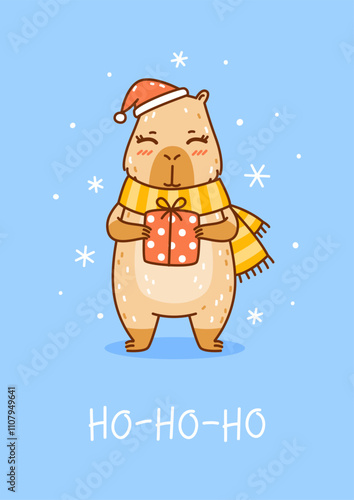 Cute сartoon Santa capybara with gift box  - funny animal for Your Christmas happy winter holidays design