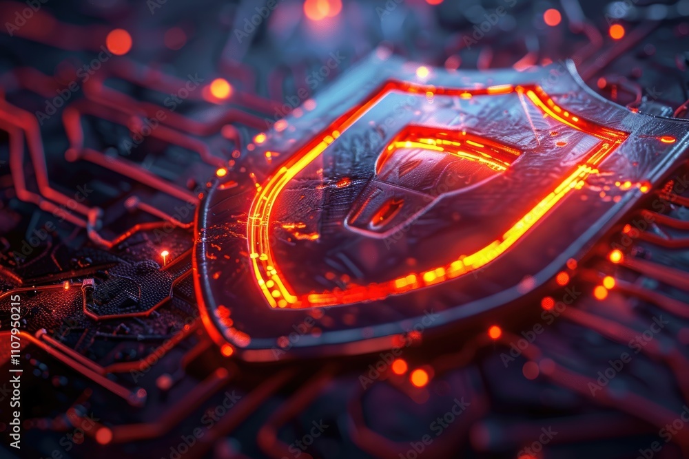 A glowing shield symbol on a circuit board background, representing cybersecurity. A glowing shield symbol on a circuit board background, representing cybersecurity.