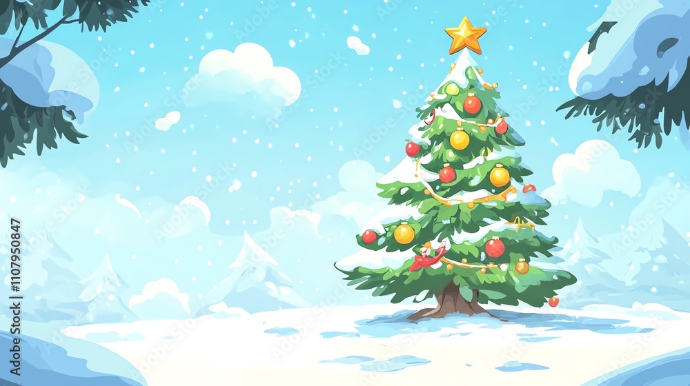 Fototapeta premium a 2D cartoon illustration of a Christmas tree decorated with ornaments, festive and bright, white background--ar 16:9