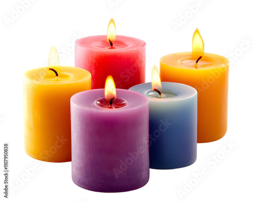 Colorful candles with flames on a white isolated background for decoration and ambiance.