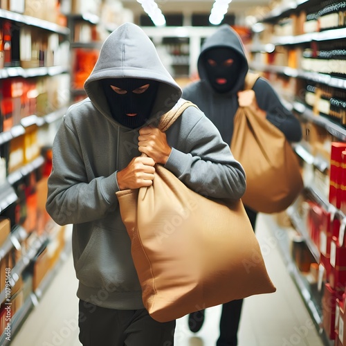 Theft occurs when a thief steals merchandise at a convenience store or a thief steals merchandise at a department store, blurred background.
