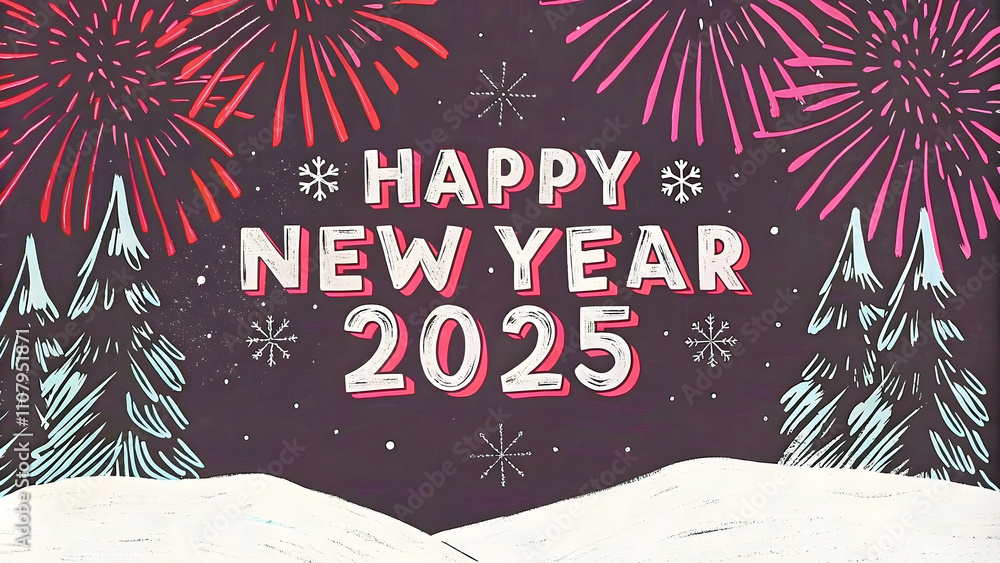 Happy new year, 2025, seasonal background fireworks, festive template