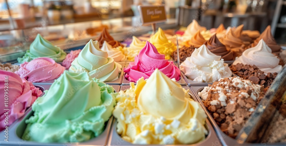 Fototapeta premium Colorful Display of Gourmet Ice Cream Scoops in a Dessert Shop