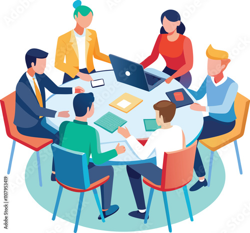 Partners meeting for business discussion with documents and laptop on desk. Couple at round table, speaking, discussing work, partnership. Flat vector on a white background