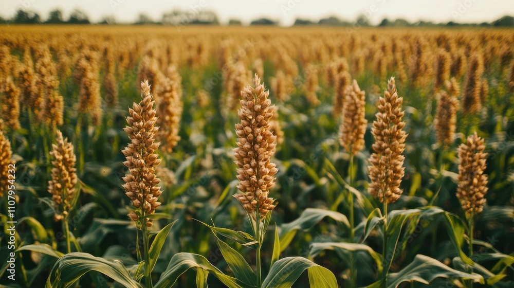 Fototapeta premium Close-up of a bicolor sorghum field planted for cover farming, showcasing tall green stalks and seed heads. High-quality photo, sunny weather, horizontal orientation. Sustainable agriculture concept.