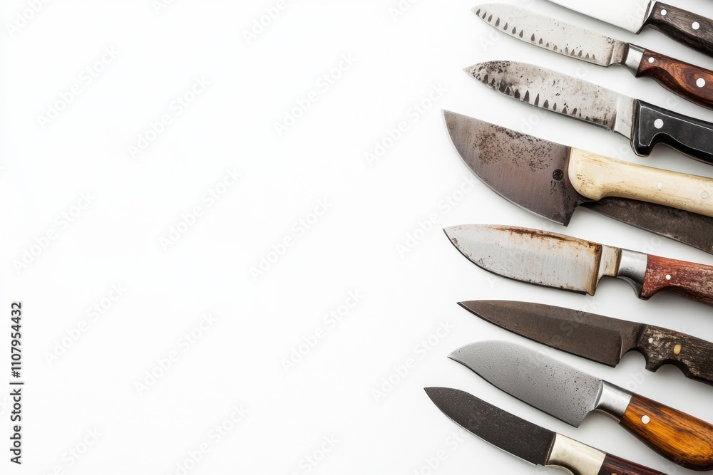 Obraz premium A collection of kitchen knives is displayed on a white surface, showcasing a variety of styles and functionalities for cooking tasks. Generative AI