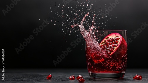 Glass of pomegranate juice with a slice of the fruit on the rim. the glass is filled with a deep red liquid and the fruit is splashing out of it, creating a splash effect. photo