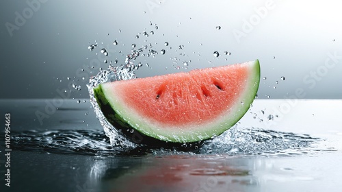 Close-up of a slice of watermelon falling into the water. the watermelon is in the center of the image, with the slice facing towards the right side of the frame. photo