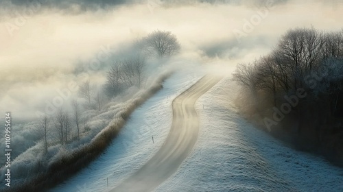 Countryside Road Disappearing into Thick Morning Fog Mystical Foggy Mornings ,Winter seasson, Happy New Year, Happy christmass
