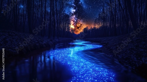 Wallpaper Mural A serene night scene featuring a glowing blue river winding through a dark forest, illuminated by starlit skies and an orange-hued horizon. Torontodigital.ca