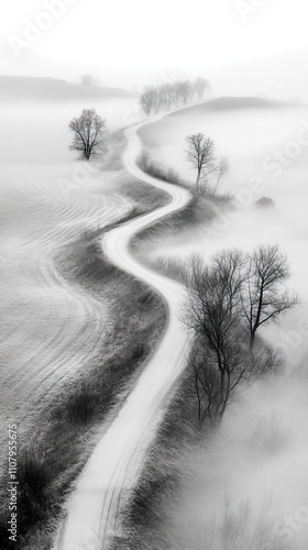 Countryside Road Disappearing into Thick Morning Fog Mystical Foggy Mornings ,Winter seasson, Happy New Year, Happy christmass
