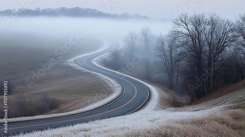 Countryside Road Disappearing into Thick Morning Fog Mystical Foggy Mornings ,Winter seasson, Happy New Year, Happy christmass
