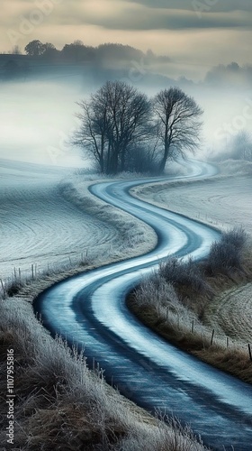 Countryside Road Disappearing into Thick Morning Fog Mystical Foggy Mornings ,Winter seasson, Happy New Year, Happy christmass
