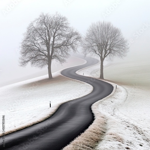 Countryside Road Disappearing into Thick Morning Fog Mystical Foggy Mornings ,Winter seasson, Happy New Year, Happy christmass
