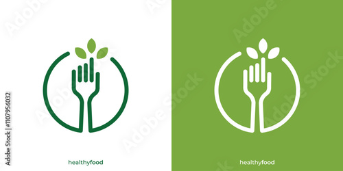 Creative Healthy Food Logo Design Template with Fork or Hand Finger and Leaves Icon Graphic.