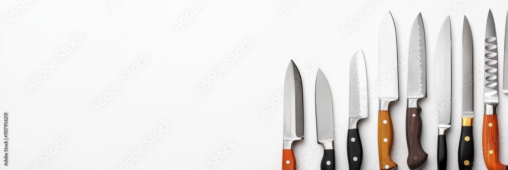 Various kitchen knives are organized on a clean white surface, highlighting their different shapes, sizes, and functions for cooking tasks. Generative AI Various kitchen knives are organized on a clean white surface, highlighting their different shapes, sizes, and functions for cooking tasks. Generative AI