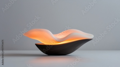 Photograph of a modern lamp in the shape of a wave. the lamp is made of a dark wood with a smooth surface. photo