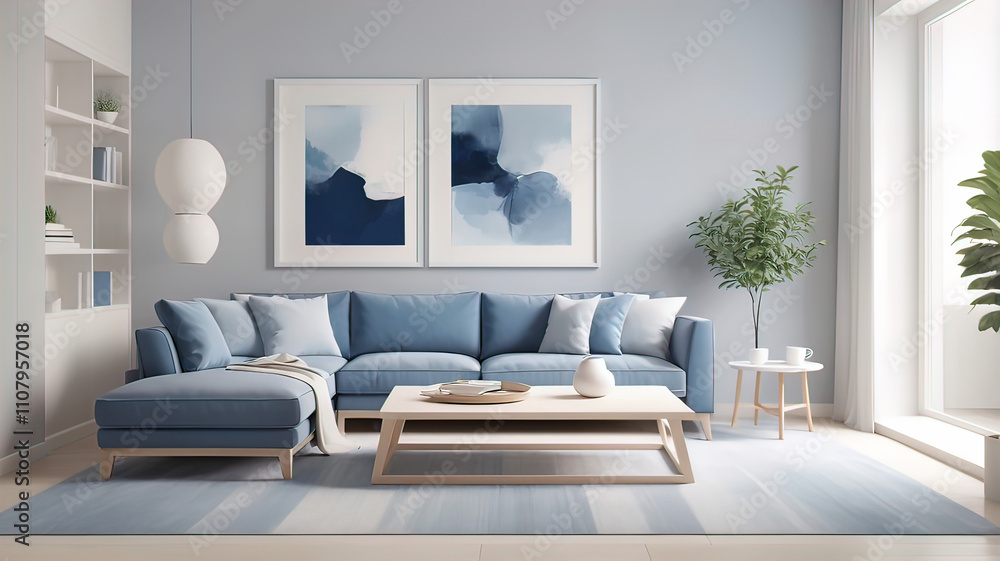 Fototapeta premium Minimalist interior design in a modern living room with a large white frame on the wall. Cute cozy little sofa near the coffee table.