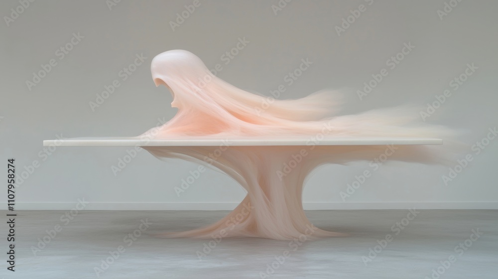 Obraz premium White table with a unique design. the table is in an empty room with a concrete floor and a plain white wall in the background.