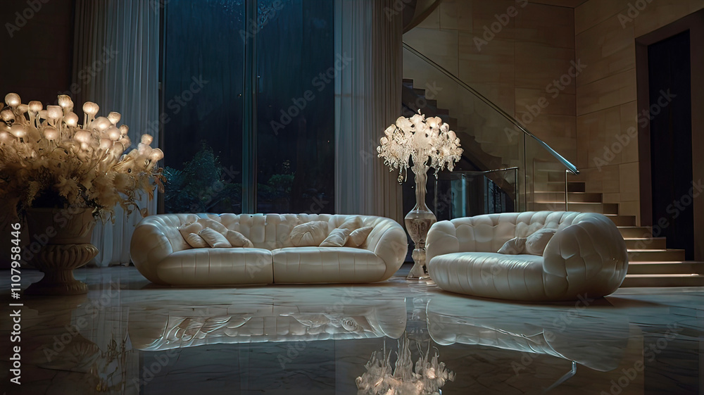 Obraz premium architectural interior in mother-of-pearl, fountain, light stone, sofas, vase with dried flowers on a table,