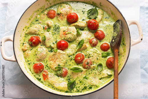 Chicken in creamy basil sauce with cocktail tomatoes 