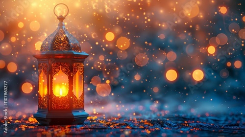 A beautifully lit lantern surrounded by glowing bokeh lights, creating a warm ambiance.