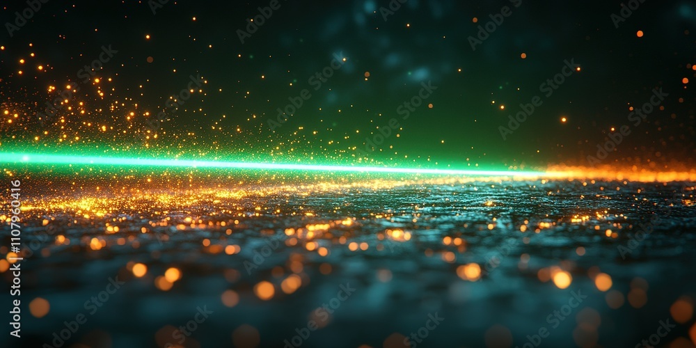 Naklejka premium Colorful glowing particles create a mesmerizing effect over a textured surface with bright streaks of light