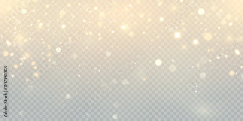 Gold dust light bokeh. Christmas glowing bokeh and glitter overlay texture for your design on a transparent background. Golden particles abstract vector background.	