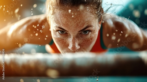 A determined female athlete intensely focuses while pushing her limits in a rigorous workout, sweat dripping, showcasing strength and perseverance under bright lighting. photo