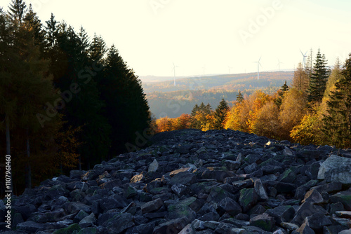 Der keltische Ringwall Hunnenring im Herbst im Nationalpark Hunsrück-Hochwald bei Otzenhausen. Aussicht von den Premium-Wanderwegen Traumschleife Dollbergschleife und Saar-Hunsrück-Steig.  photo