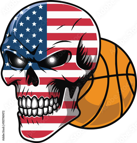 T-shirt design with the basketball and American flag themed skull