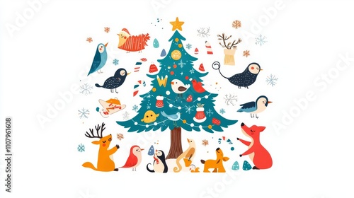 Whimsical animals around a colorful Christmas tree. photo