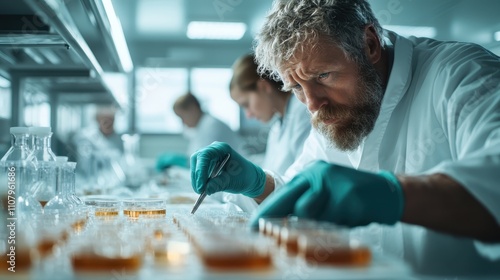 A bearded male scientist intensely focuses on conducting an intricate experiment in a modern laboratory environment, representing dedication and scientific pursuit. photo