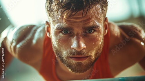 A determined athlete drenched in sweat performing an intense workout, showcasing strength, resilience, and focus amidst a motivating gym environment. photo