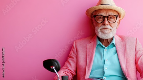 An older gentleman in a pink jacket and stylish hat poses against a vibrant backdrop, exuding a unique blend of youthful exuberance and timeless fashion. photo