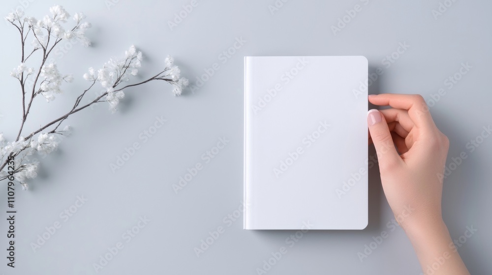 Obraz premium Hand holding a blank white notebook on a light blue background. on the left side of the image, there is a branch with small white flowers.