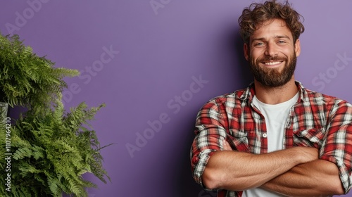 A cheerful man wearing a plaid shirt stands beside vibrant green ferns, leaned against a purple wall, exuding warmth and friendliness with his genuine smile. photo