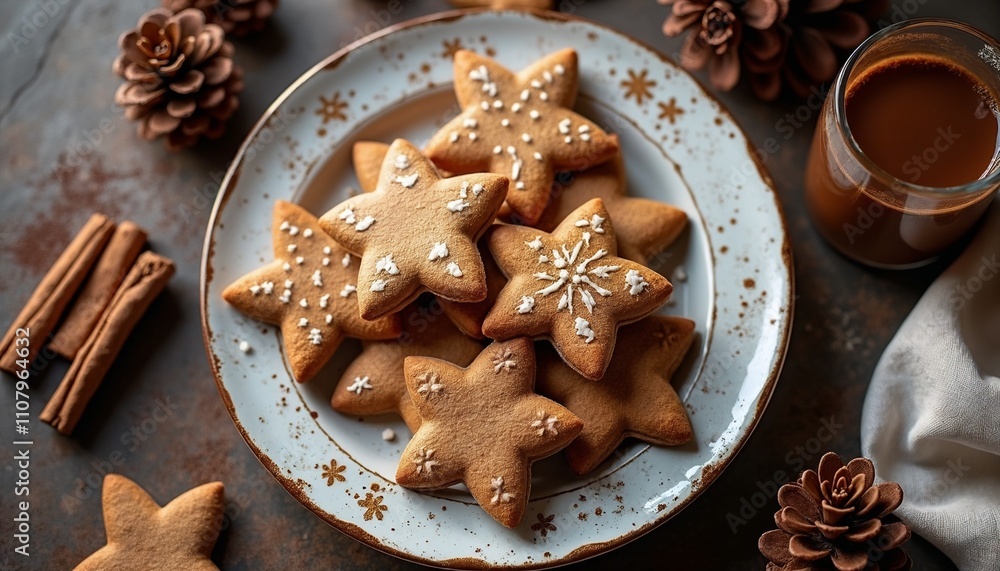 Fototapeta premium Festive gingerbread cookies shaped like stars on a decorative plate with cinnamon and pine cones