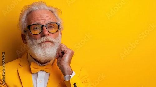 A stylish gentleman poses in a formal yellow suit with oversized glasses, exuding confidence and sophistication against a matching backdrop, embodying classic elegance. photo