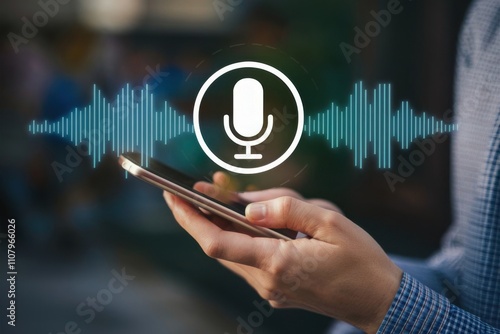 businessman using his smartphone as an AI assistant, effectively issuing voice commands through its microphone symbol, enhancing productivity with cutting-edge technology.