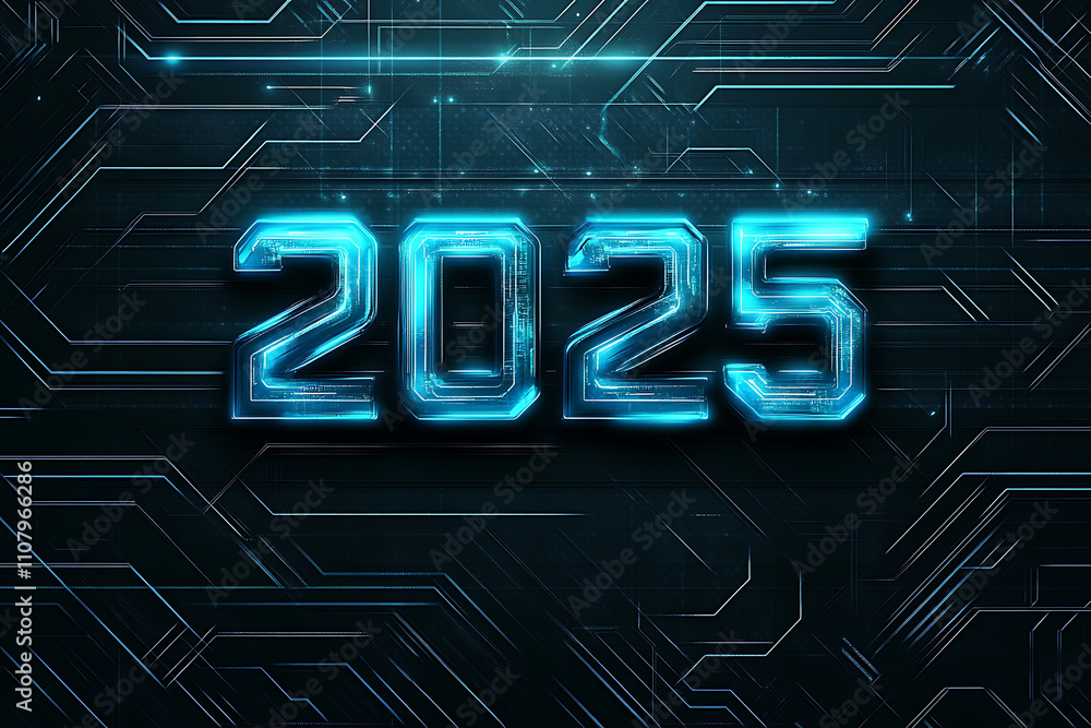 A modern tech-inspired design with glowing circuit patterns in blue and black tones, featuring '2025' in metallic futuristic typography. Great for technology branding and innovation themes A modern tech-inspired design with glowing circuit patterns in blue and black tones, featuring '2025' in metallic futuristic typography. Great for technology branding and innovation themes