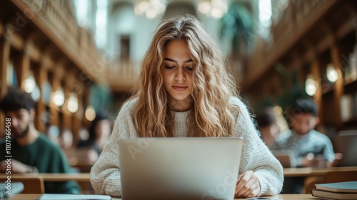 A young woman immersed in reading on a laptop within a grand library, representing independence, concentration, and the timeless quest for education and personal growth. photo