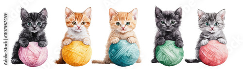 Wallpaper Mural Cute kittens playing with colorful yarn balls in a playful arrangement showcasing adorable expressions and vibrant colors Torontodigital.ca
