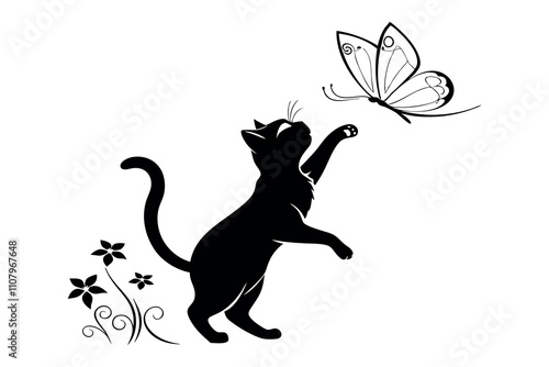 playful cat reaching for butterfly silhouette illustration